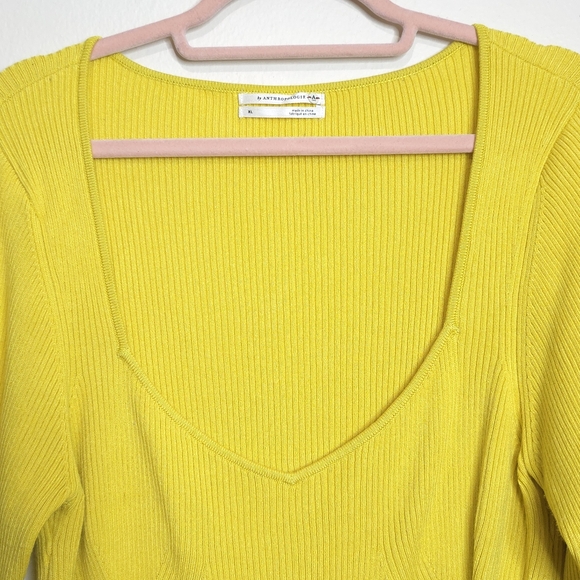 Anthropologie Citron Sweater Ribbed Sweetheart Neck Yellow Bright Fitted XL - Picture 4 of 9